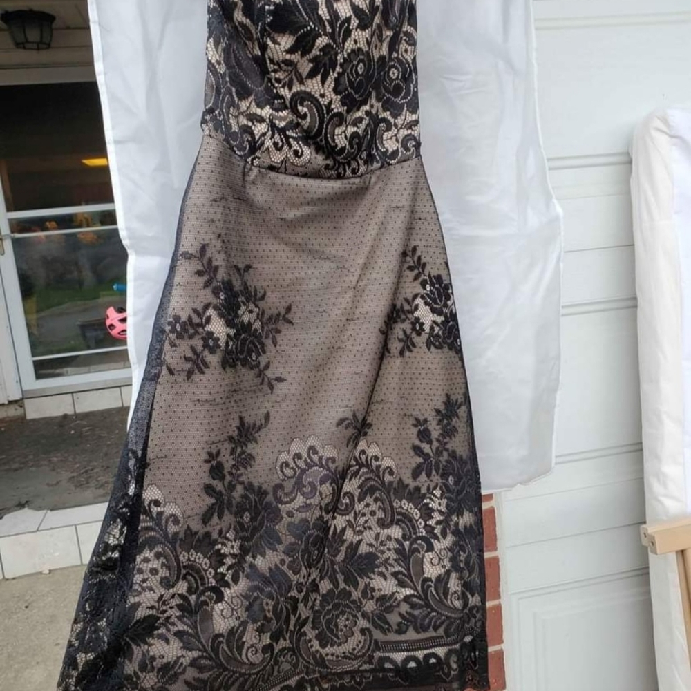 WHBM Strapless black & gold lace dress